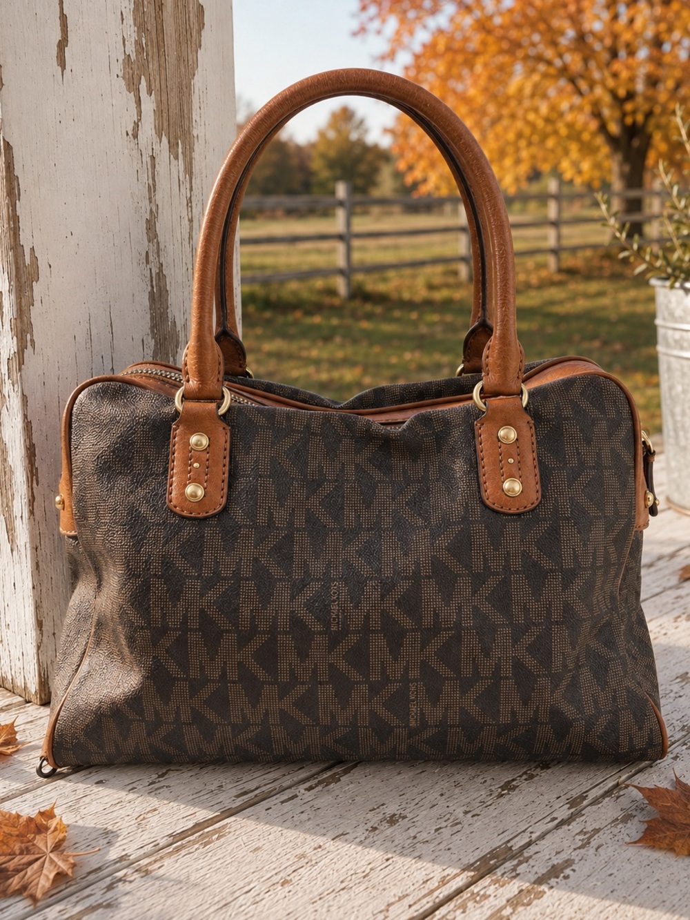 Michael Kors Brown MK Logo Satchel Bag Leather Trim Zip Top Large Tote Handbag